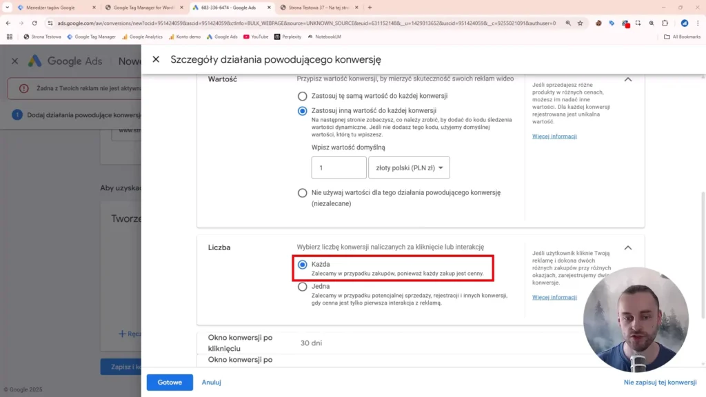Zrzut ekranu przedstawiający ustawienia naliczania konwersji w Google Ads dotyczące zakupów