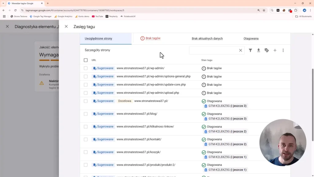 Zrzut ekranu przedstawiający zasieg tagu w Google Tag Manager