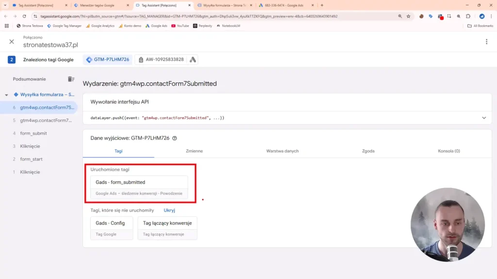 Zrzut ekranu przedstawiający uruchomione tagi w Google Tag Manager