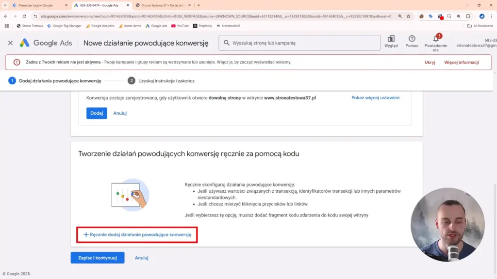 Zrzut ekranu przedstawiający dodawanie nowego działania konwersji w Google Ads