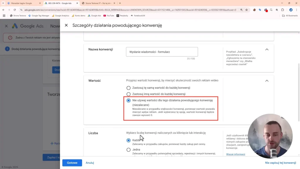 Zrzut ekranu przedstawiający szczegóły działania konwersji w Google Ads