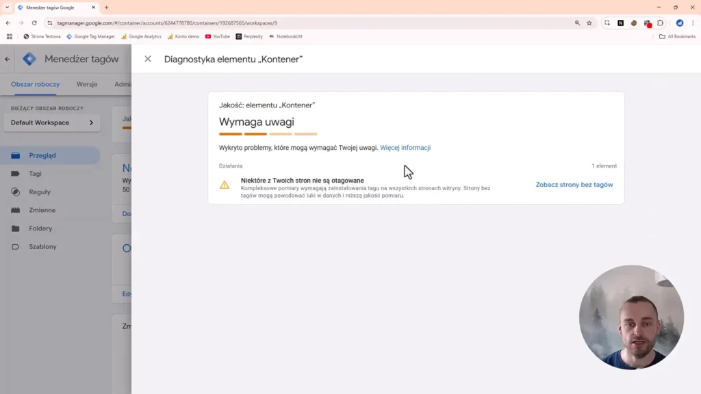 Zrzut ekranu przedstawiający diagnostykę kontenera w Google Tag Manager