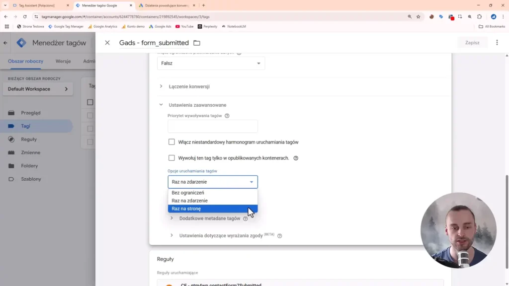 Zrzut ekranu przedstawiający ustawienia uruchamiania tagów w Google Tag Manager