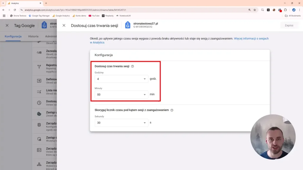Zrzut ekranu przedstawiający ustawienie czasu trwania sesji w Google Analytics 4