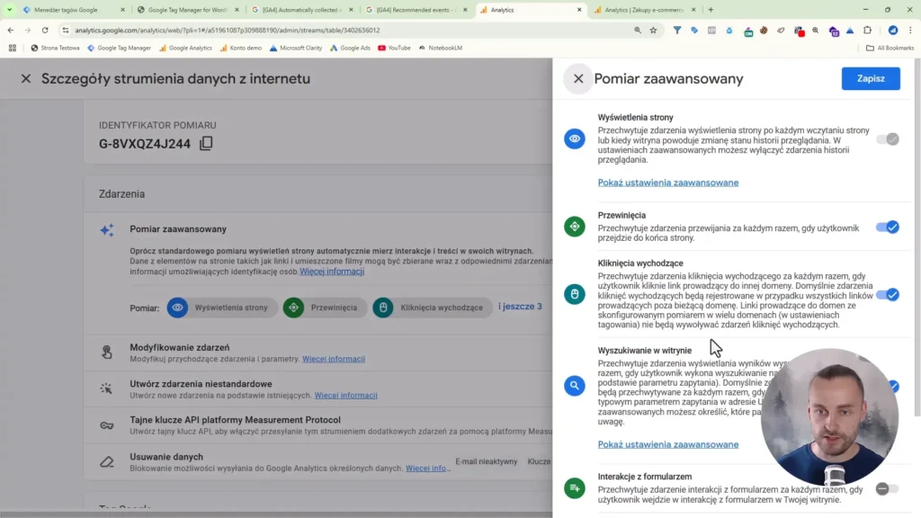 Zrzut ekranu przedstawiający ustawienia pomiaru zaawansowanego w Google Analytics