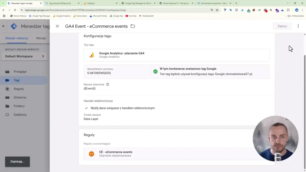 Zrzut ekranu przedstawiający konfigurację tagu zdarzeń e-commerce w Google Tag Manager