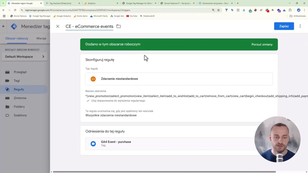 Zrzut ekranu przedstawiający konfigurację reguły zdarzeń e-commerce w Google Tag Manager