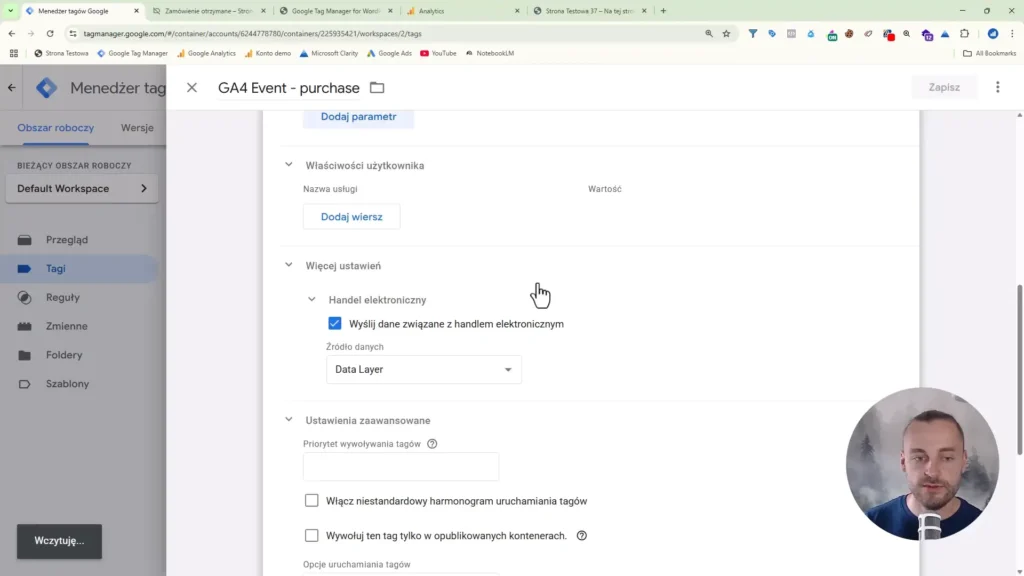 Zrzut ekranu przedstawiający ustawienia tagu zakupu w Google Tag Manager (wysyłka dodatkowych danych z Data Layer)