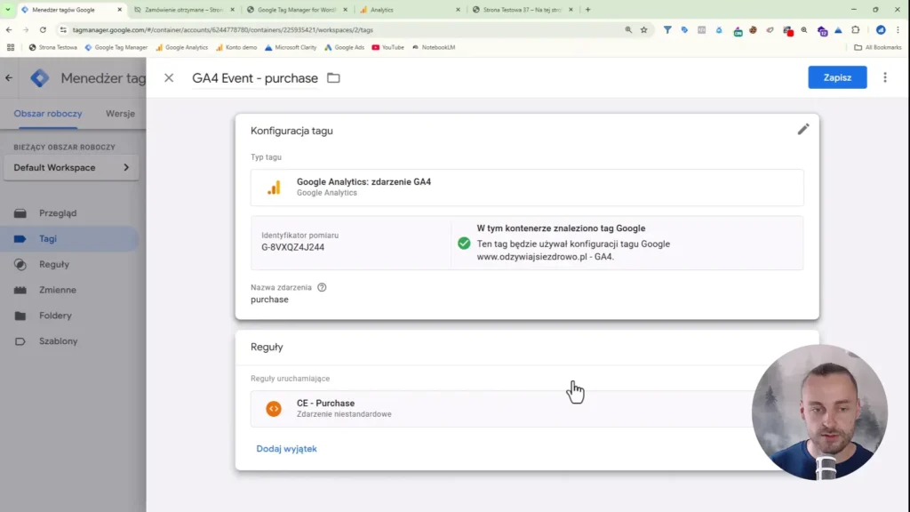 Zrzut ekranu przedstawiający konfigurację zdarzenia zakupowego w Google Tag Manager