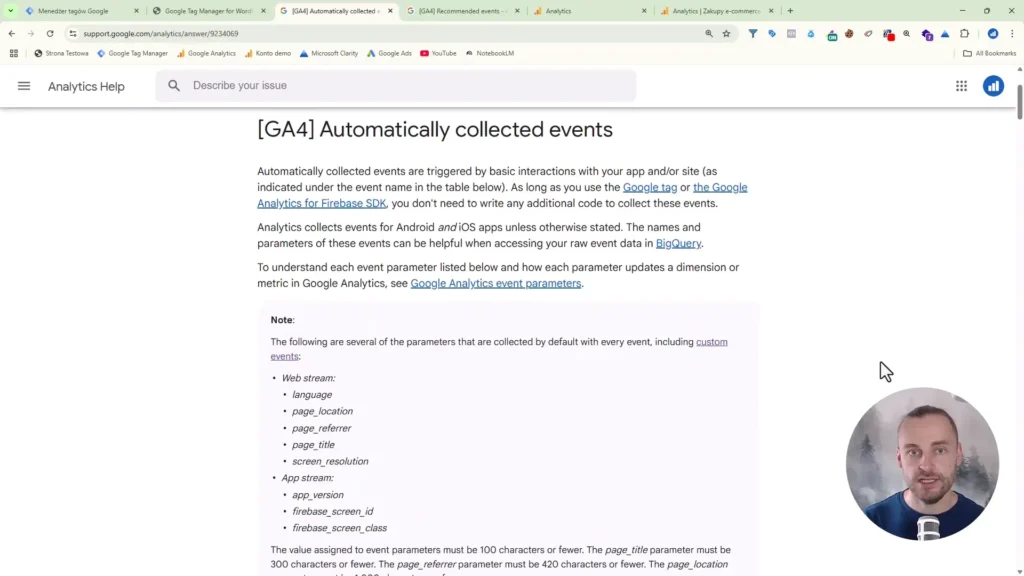 Zrzut ekranu przedstawiający automatycznie zbierane zdarzenia w Google Analytics