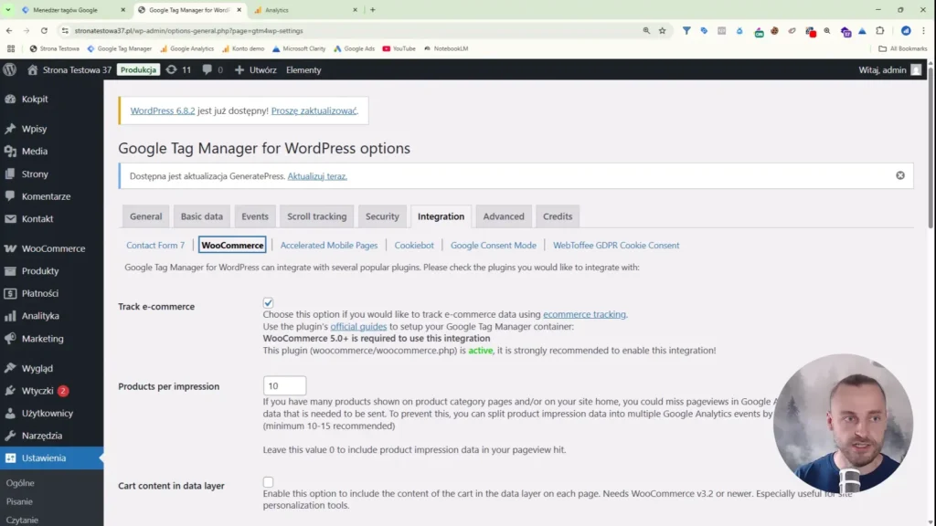 Zrzut ekranu przedstawiający opcje integracji WooCommerce w Google Tag Manager
