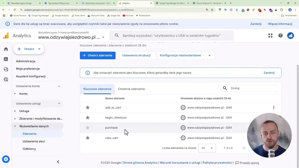 Zrzut ekranu przedstawiający zarządzanie kluczowymi zdarzeniami w Google Analytics 4