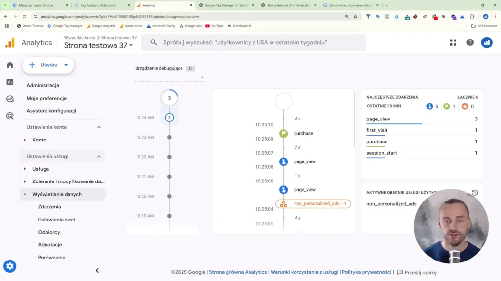 Zrzut ekranu przedstawiający panel debugowania w Google Analytics 4