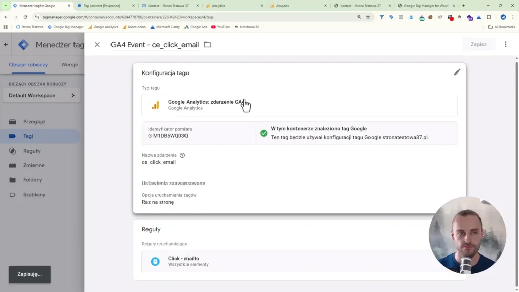 Zrzut ekranu przedstawiający konfigurację zdarzenia kliknięcia w adres email dla Google Analytics w Google Tag Manager