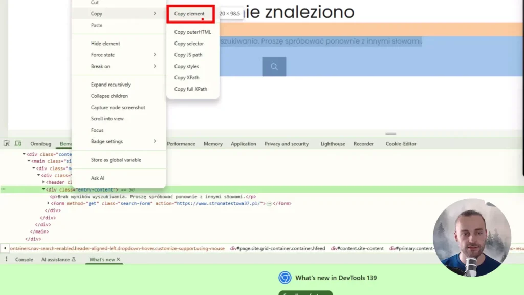 Zrzut ekranu przedstawiający opcje kopiowania elementu w trybie dla developerów w Google Chrome