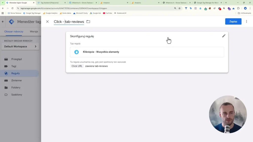 Zrzut ekranu przedstawiający ustawienia reguły opinii w Google Tag Manager