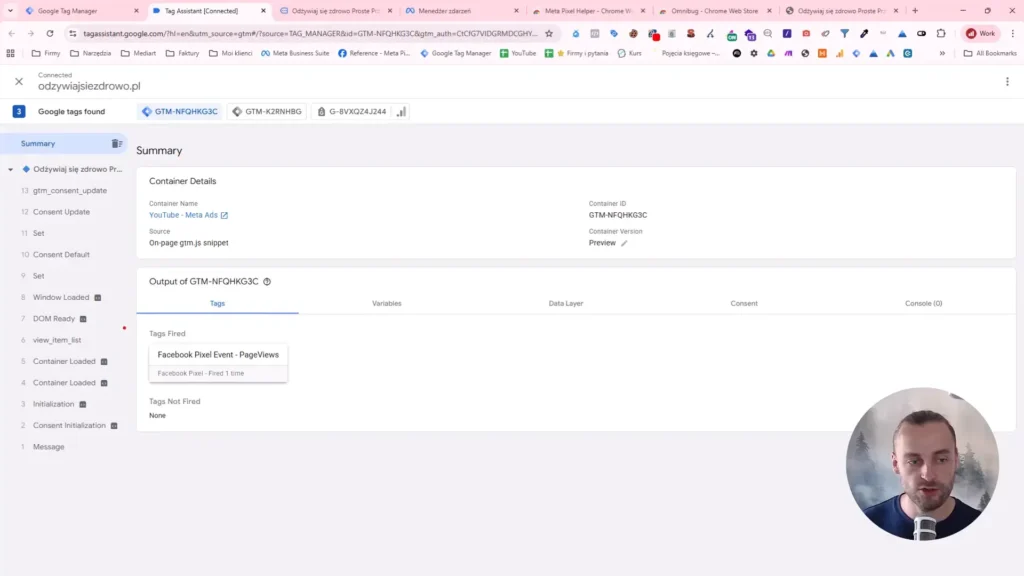 Zrzut ekranu przedstawiający podsumowanie kontenera w Google Tag Manager