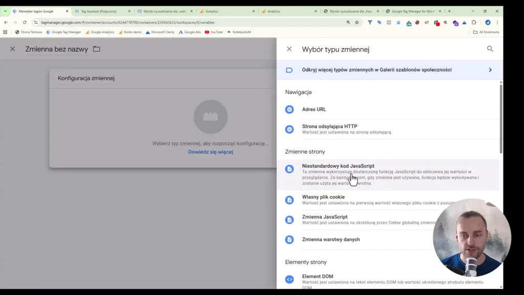 Zrzut ekranu przedstawiający wybór typu zmiennej w Google Tag Manager