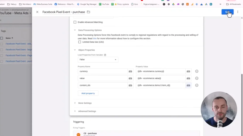 Zrzut ekranu przedstawiający ustawienia zdarzenia purchase dla Meta Pixel wraz z parametrami w Google Tag Manager