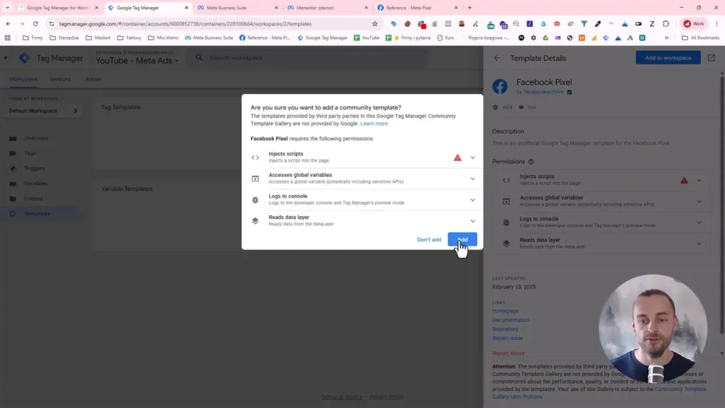 Zrzut ekranu przedstawiający dodawanie szablonu Facebook Pixel w Google Tag Manager
