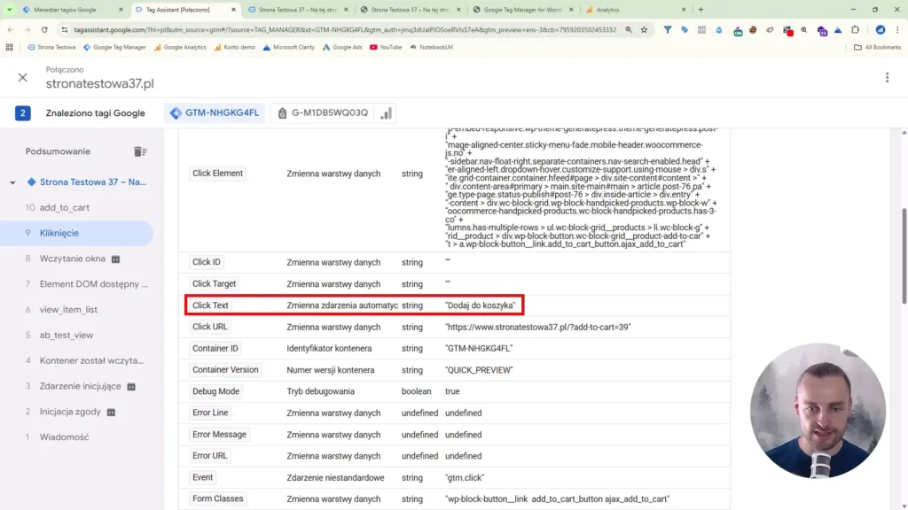 Zrzut ekranu przedstawiający wartość zmiennej Click Text - Dodaj do koszyka