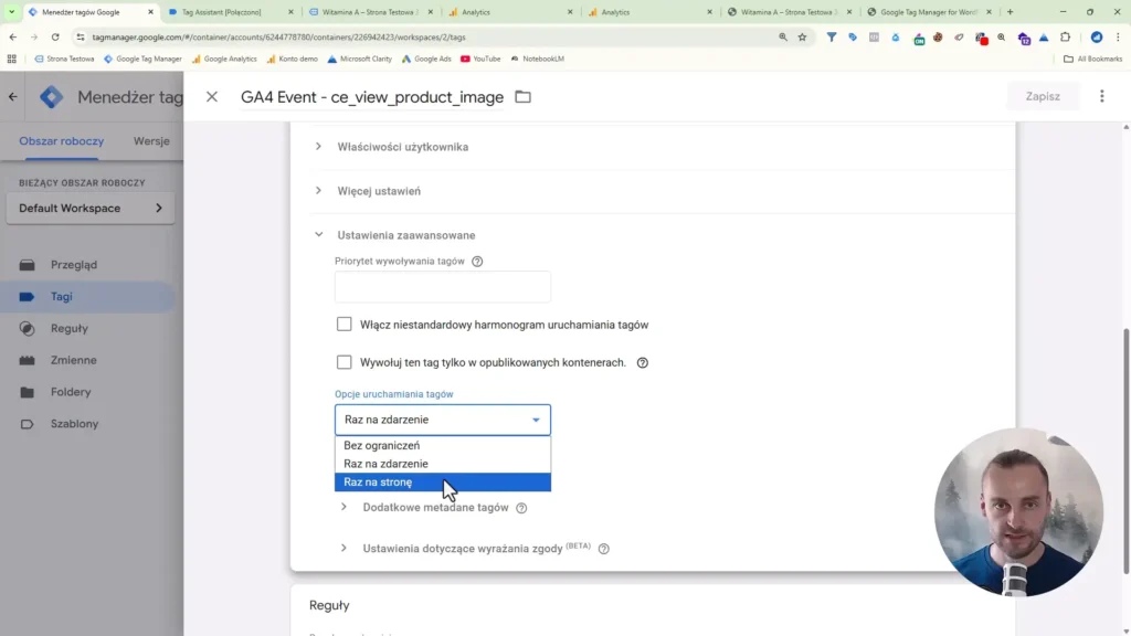 Zrzut ekranu przedstawiający ustawienia sposobu uruchamiania tagów w Google Tag Manager