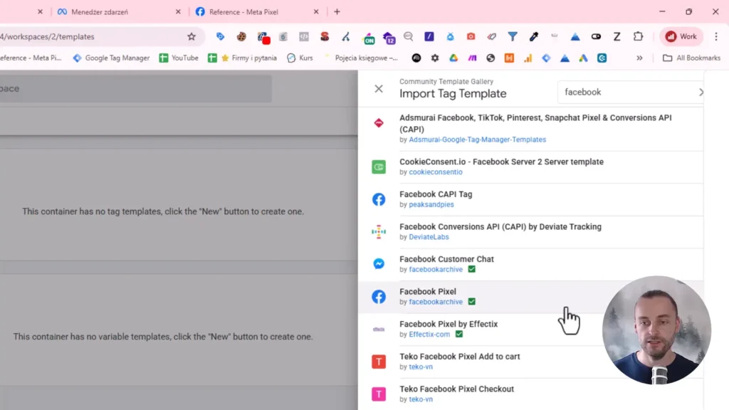 Zrzut ekranu przedstawiający importowanie szablonu tagu Facebook Pixel
