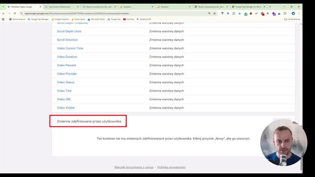 Zrzut ekranu przedstawiający sekcję zmiennych zdefiniowanych przez użytkownika w Google Tag Manager