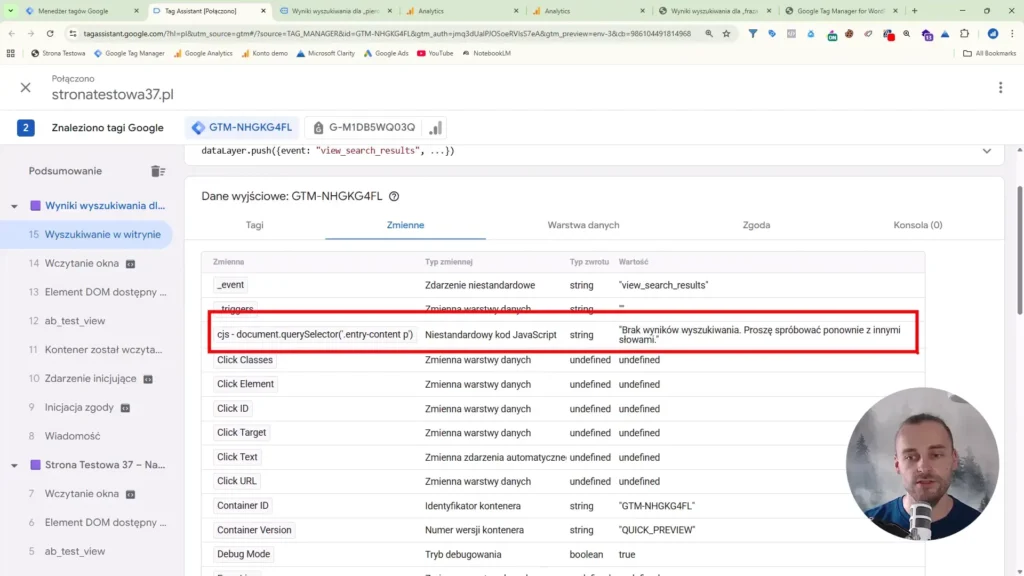 Zrzut ekranu przedstawiający niestandardową zmienną JavaScript w Google Tag Manager