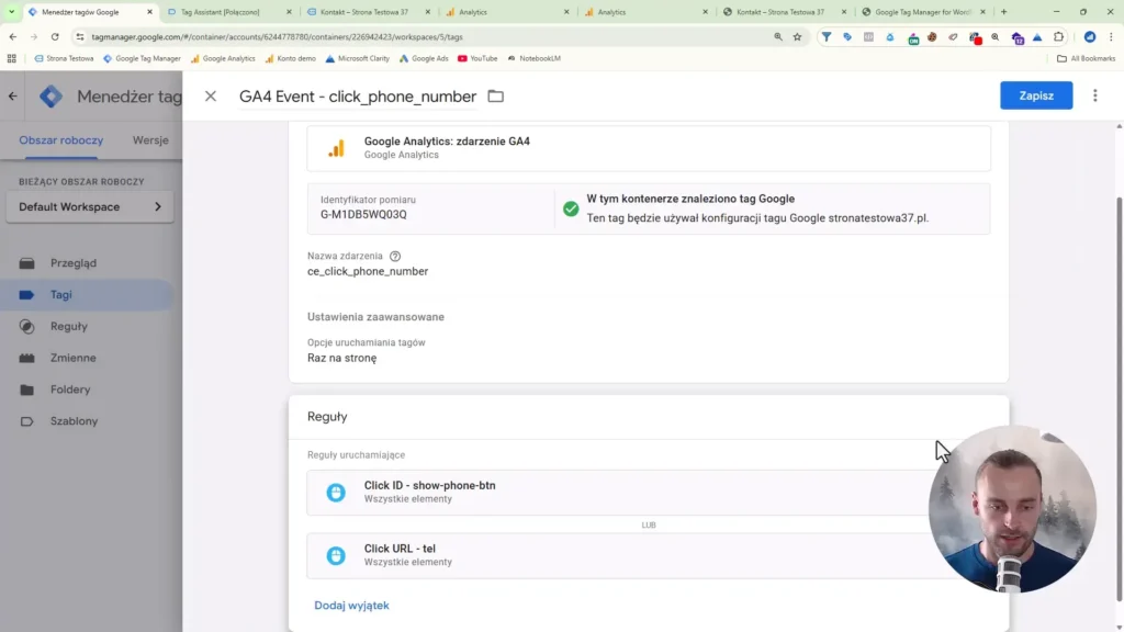 Zrzut ekranu przedstawiający konfigurację zdarzenia kliknięcia w numer telefonu dla Google Analytics w Google Tag Manager
