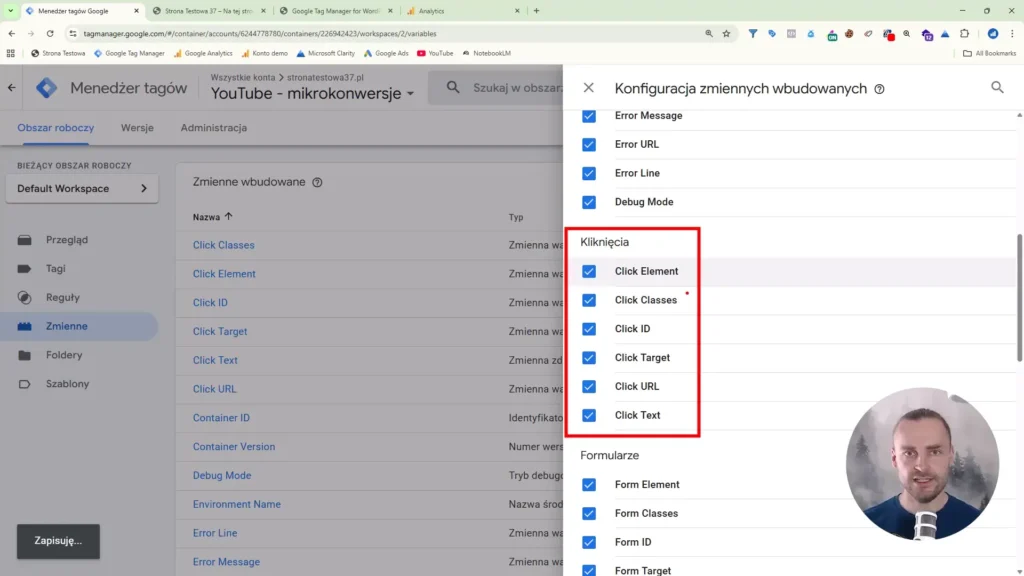 Zrzut ekranu przedstawiający konfigurację zmiennych wbudowanych w Google Tag Manager