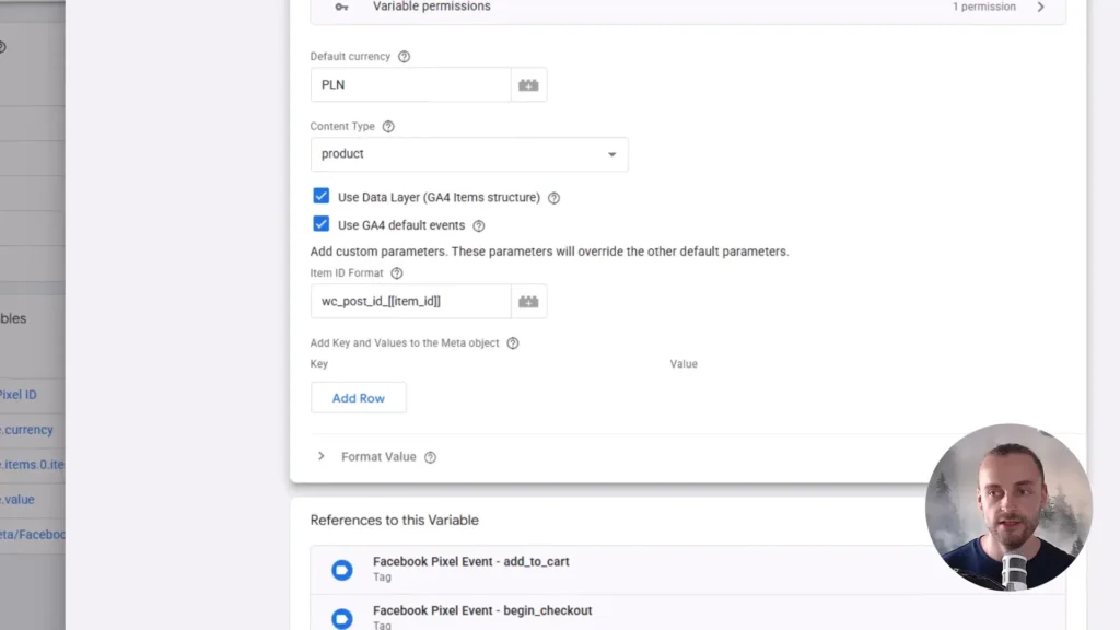Zrzut ekranu przedstawiający możliwość doania prefiksa dla ID w zmiennej "GA4 item to Meta/Facebook Object Converter" w Google Tag Manager