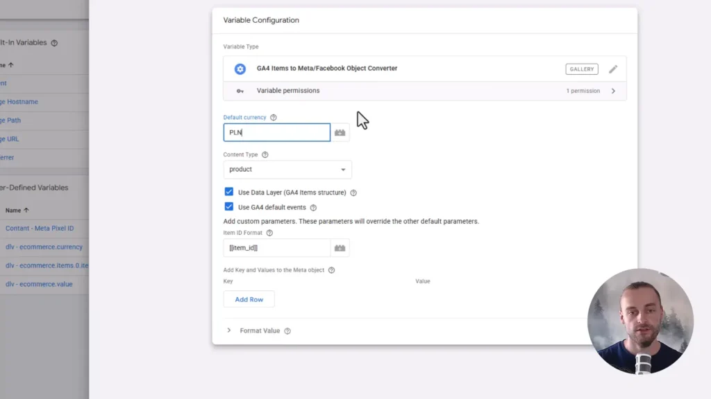 Zrzut ekranu przedstawiający konfigurację zmiennej "GA4 item to Meta/Facebook Object Converter" w Google Tag Manager