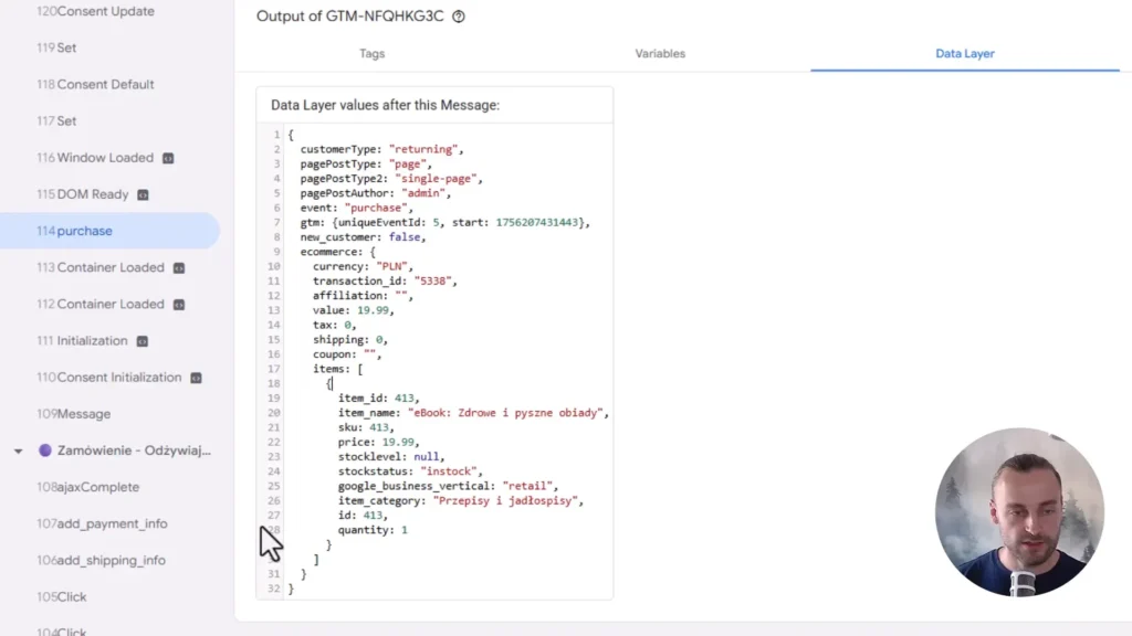 Zrzut ekranu przedstawiający warstwę danych po zakupie w Google Tag Manager
