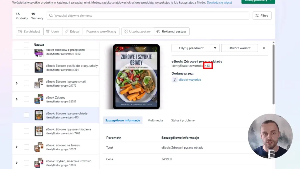 Zrzut ekranu przedstawiający przykład katalogu w Meta wraz z identyfikatorami produktów