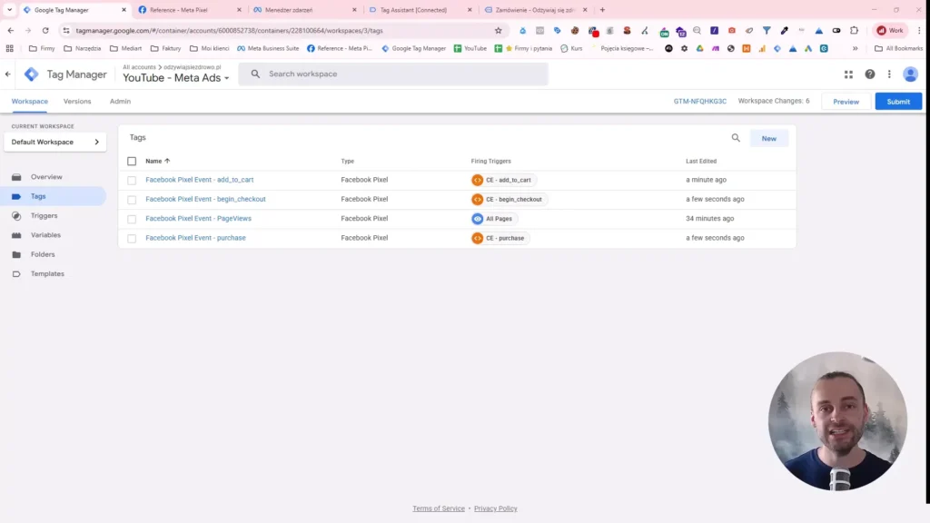 Zrzut ekranu przedstawiający konfigurację tagów Facebook Pixel w Google Tag Manager