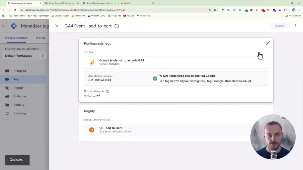 Zrzut ekranu przedstawiający konfigurację zdarzenia dodania do koszyka dla Google Analytics w Google Tag Manager
