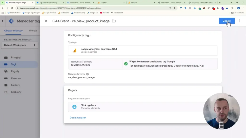 Zrzut ekranu przedstawiający konfigurację zdarzenia kliknięcia w galerie dla Google Analytics w Google Tag Manager