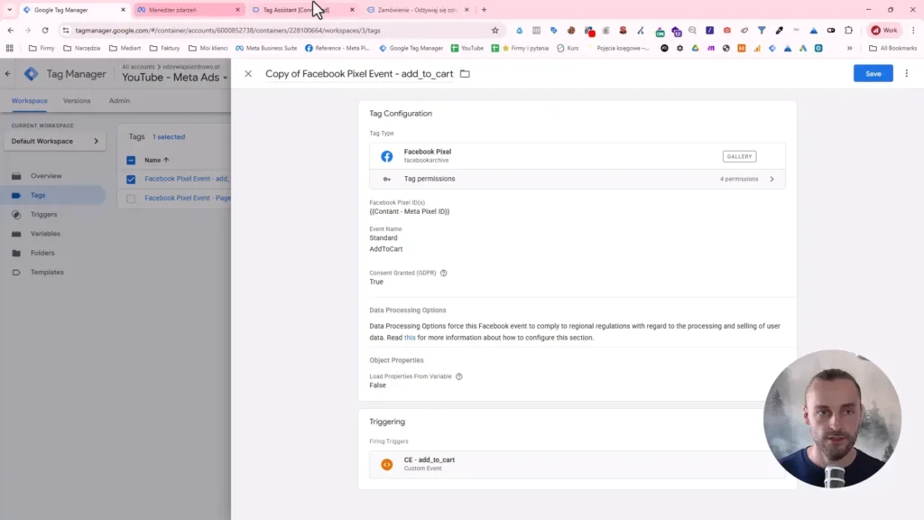 Zrzut ekranu przedstawiający konfigurację zdarzenia Facebook Pixel w GTM