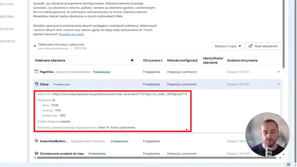 Zrzut ekranu przedstawiający testowanie w Menedżerze zdarzeń Meta kluczowych zdarzeń z parametrami