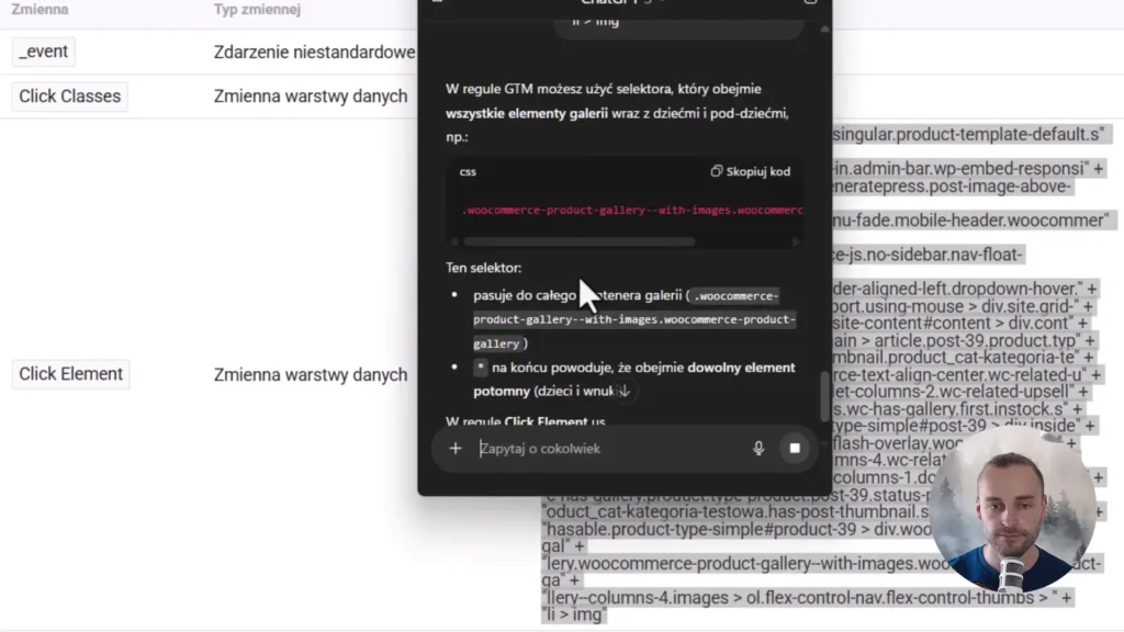 Zrzut ekranu przedstawiający odpowiedź chata GPT z kodem do reguły w Google Tag Manager