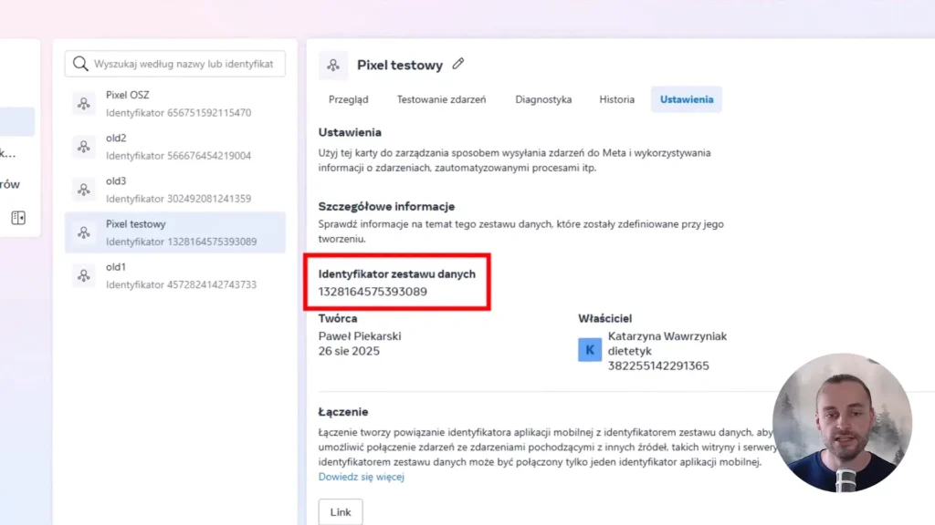 Zrzut ekranu przedstawiający ustawienia identyfikatora zestawu danych w Meta