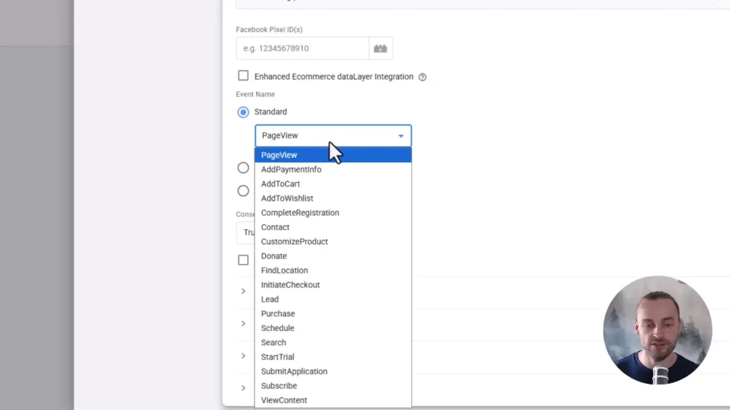 Zrzut ekranu przedstawiający wybór zdarzeń Facebook Pixel