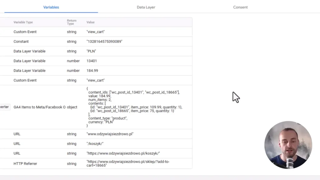 Zrzut ekranu przedstawiający dane warstwy z odpowiednimy prefiksami w  ID w Google Tag Manager