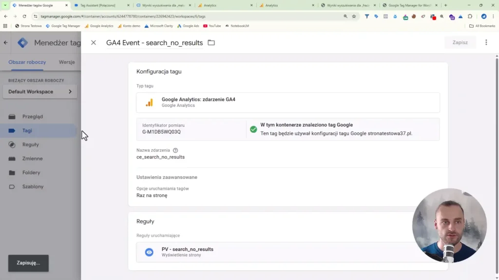 Zrzut ekranu przedstawiający konfigurację zdarzenia braku wyszukiwania dla Google Analytics w Google Tag Manager