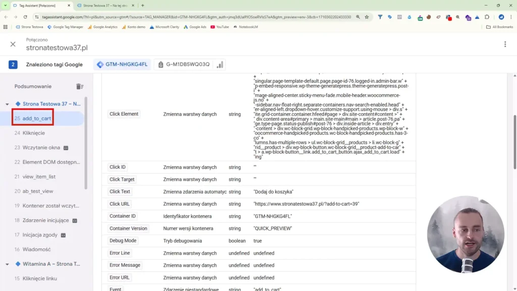 Zrzut ekranu przedstawiający konfigurację tagu "add_to_cart" w Google Tag Manager