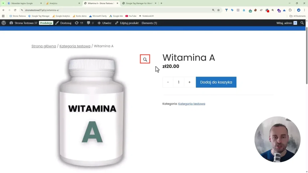 Zrzut ekranu przedstawiający stronę produktu Witamina A wraz odnośnikiem do galerii