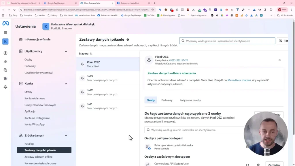 Zrzut ekranu przedstawiający konfigurację zestawów danych i pikseli w Meta Business Suite