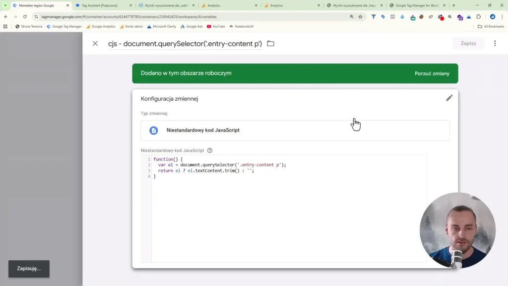 Zrzut ekranu przedstawiający konfigurację niestandardowego kodu JavaScript dla braku wyszukiwania na stronie