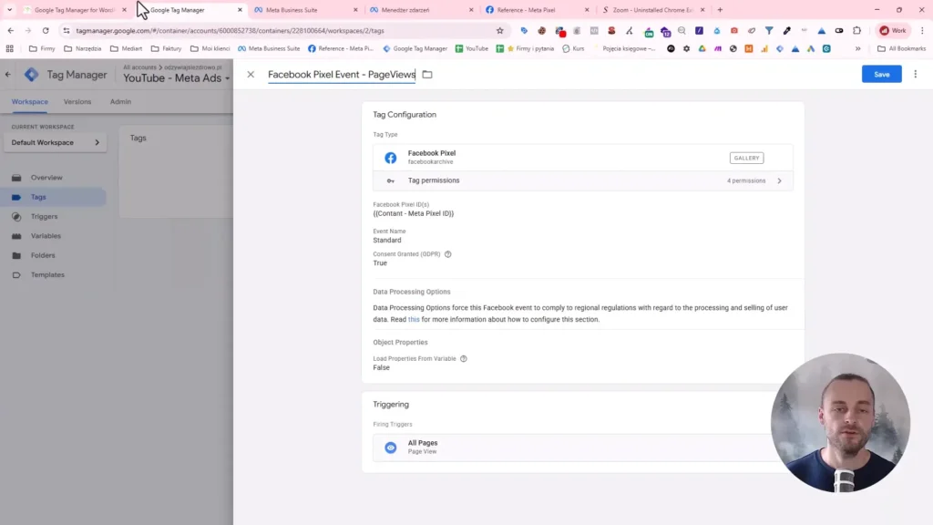Zrzut ekranu przedstawiający konfigurację zdarzenia Facebook Pixel w Google Tag Manager